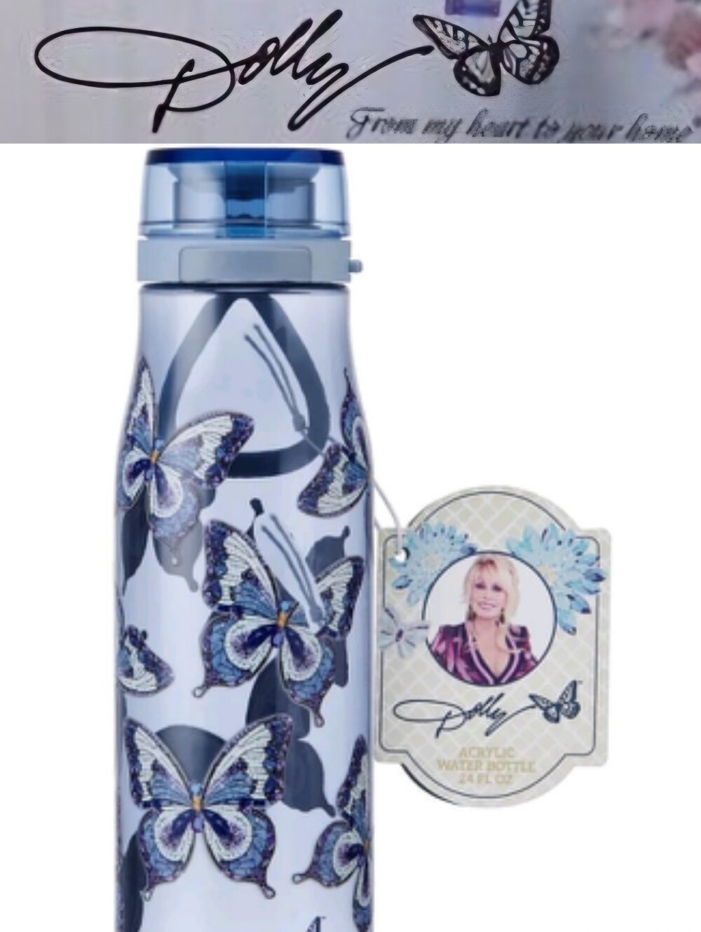 Dolly Psrton 24oz Tritan Butterfly Tritan Water Bottle- Blue